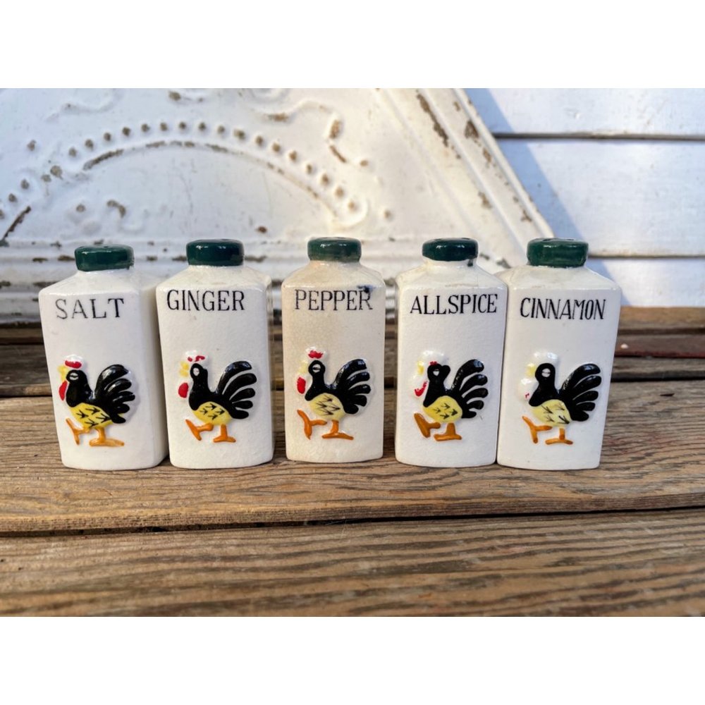 Vintage Spice Rack With Spice Jars Rooster Chicken Farmhouse - Picture 11 of 16